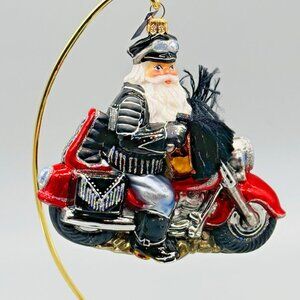 Motorcycle Rider Biker Santa Tassels Polish Glass Christmas Tree Ornament 5.5"